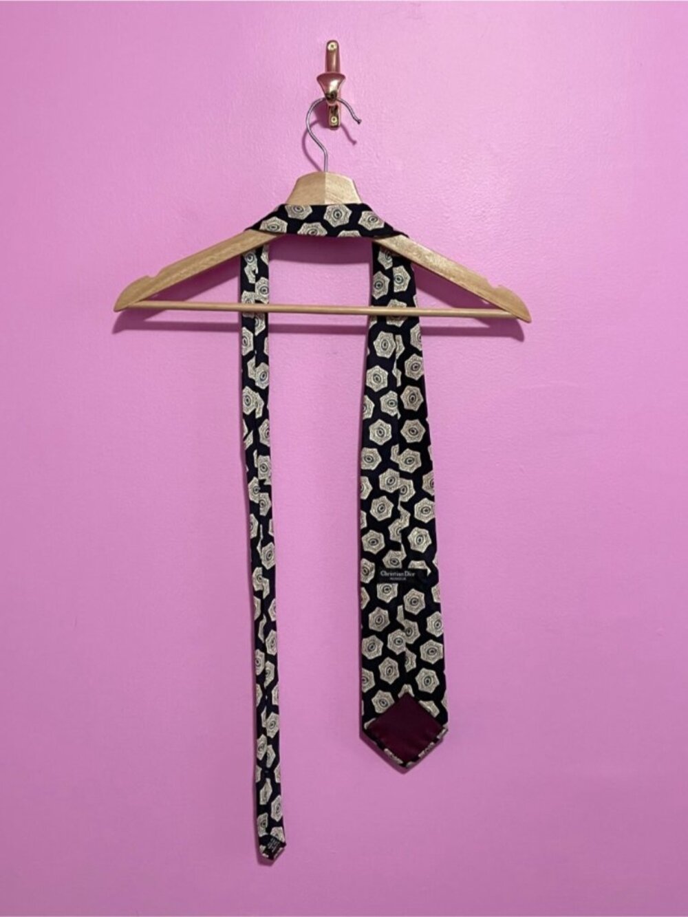 Christian Dior Monsieur Vintage Silk Tie Black Beige Teal Necktie Made in USA - Picture 8 of 9